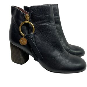 See by Chloe leather platform block heel ankle boots Louise black zip Sz…